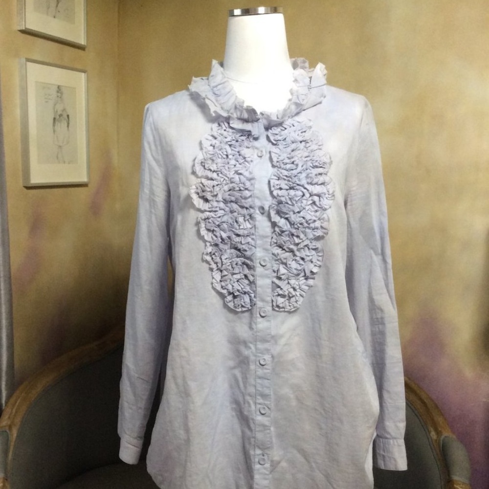 LOFT Ruffled Blue Button-Up Blouse L